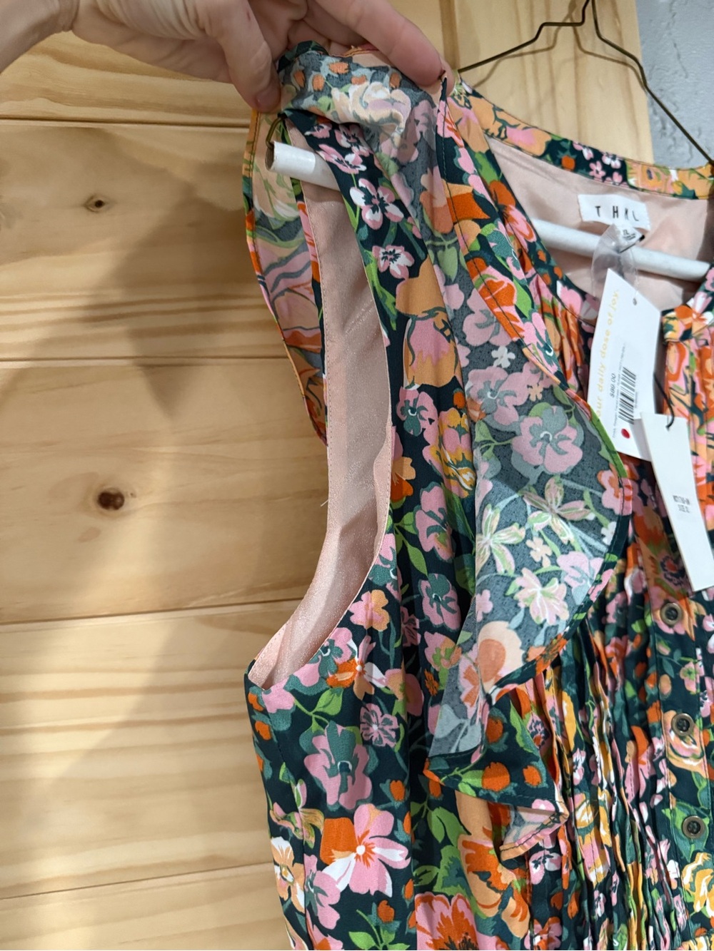 NWT THML Floral Ruffle dress in Green Pink Peach - Picture 6 of 16